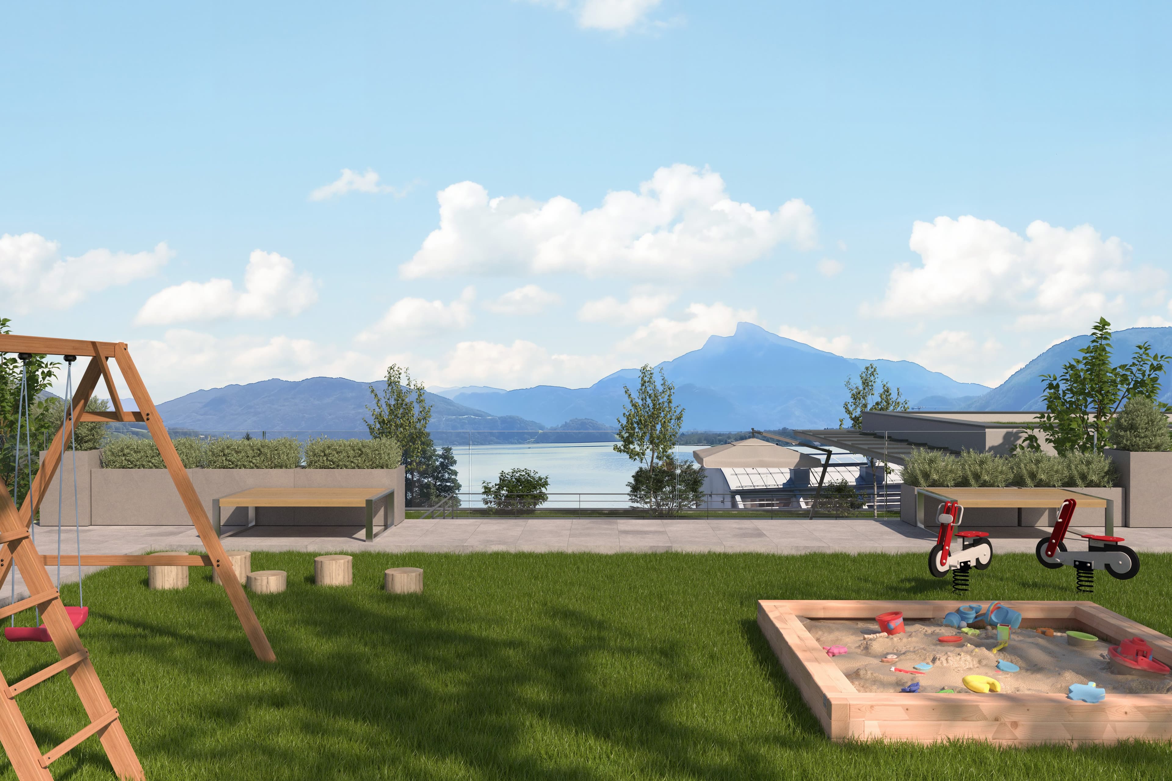Begrünter Dachgarten mit Spielbereich und Blick auf den Mondsee