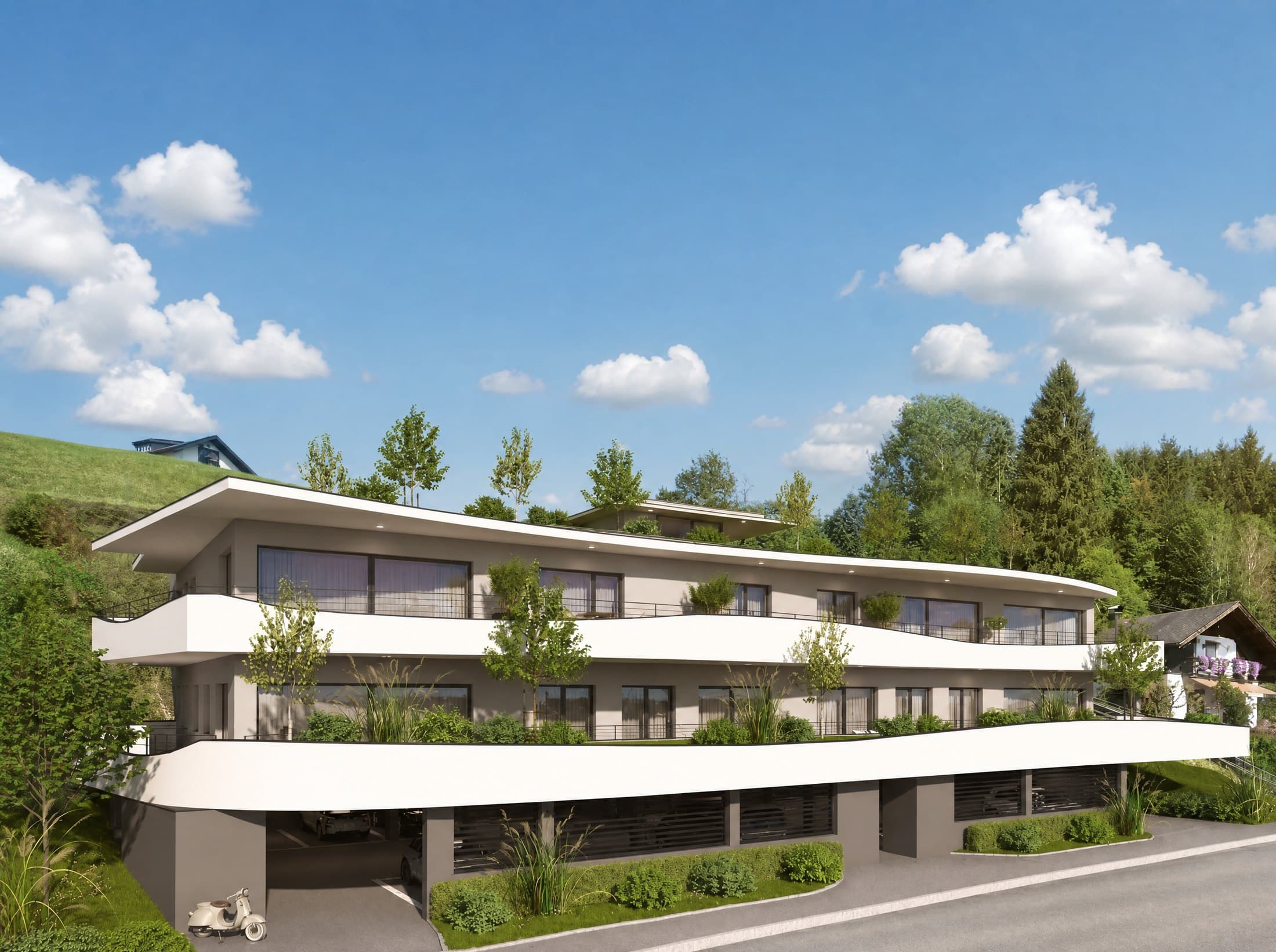 Straßenansicht mit Tiefgarage